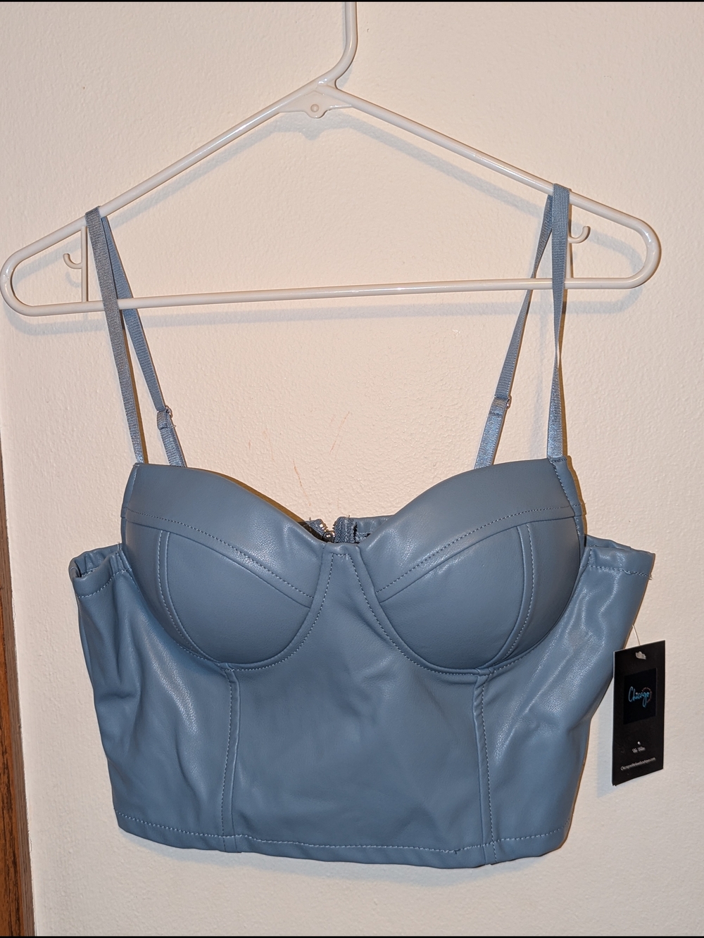 Faux Leather Bustier Crop Top in Dusty Blue